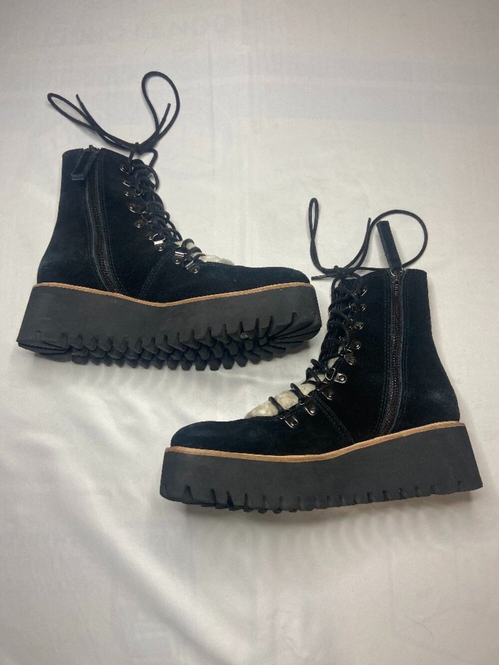 All Black Sherpa Lace-Up Boots Size 6.5 27 Fur Platform Grunge Goth Punk Combat